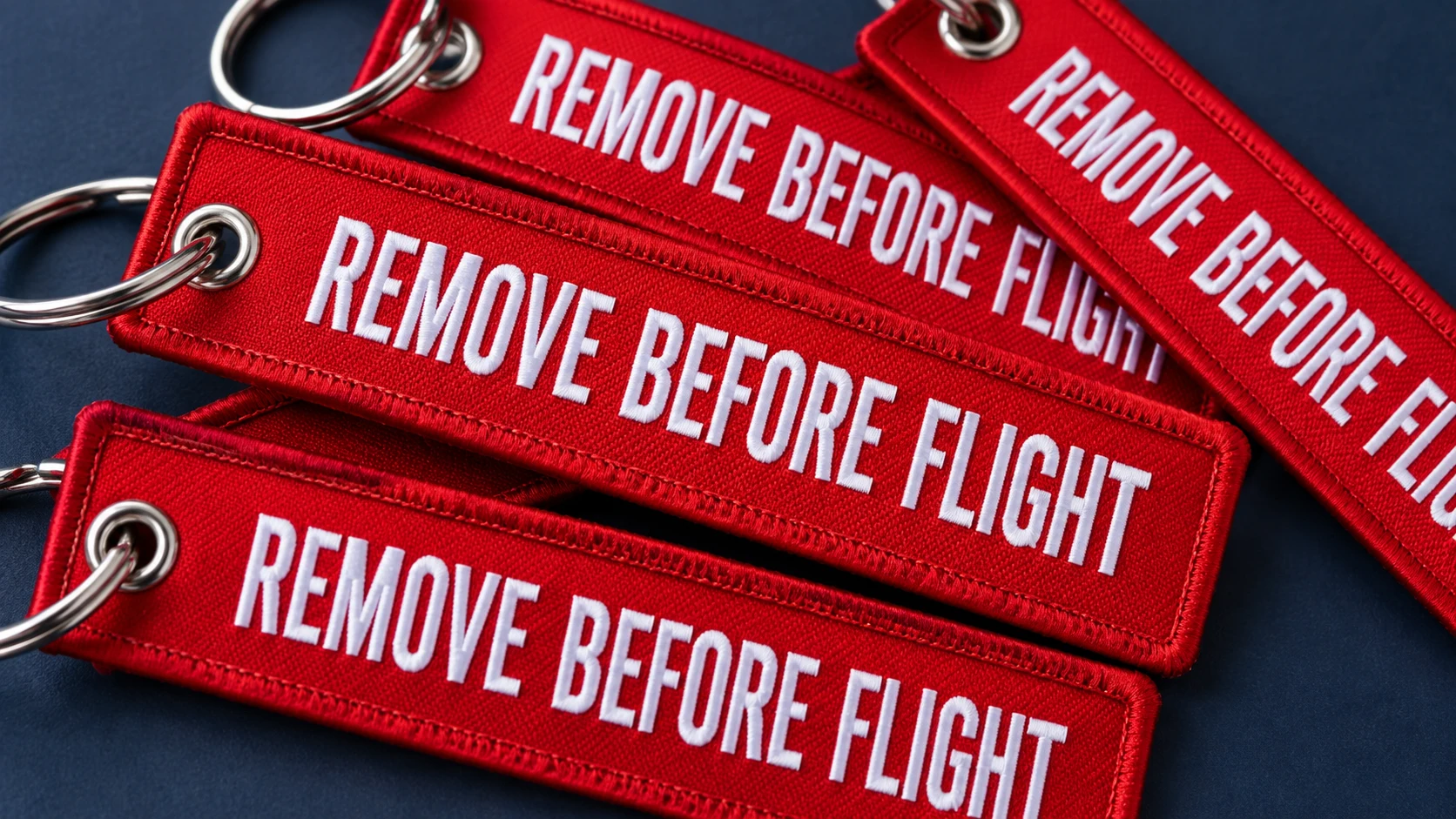 Close-up of red flight-style tags with white lettering and silver keyrings